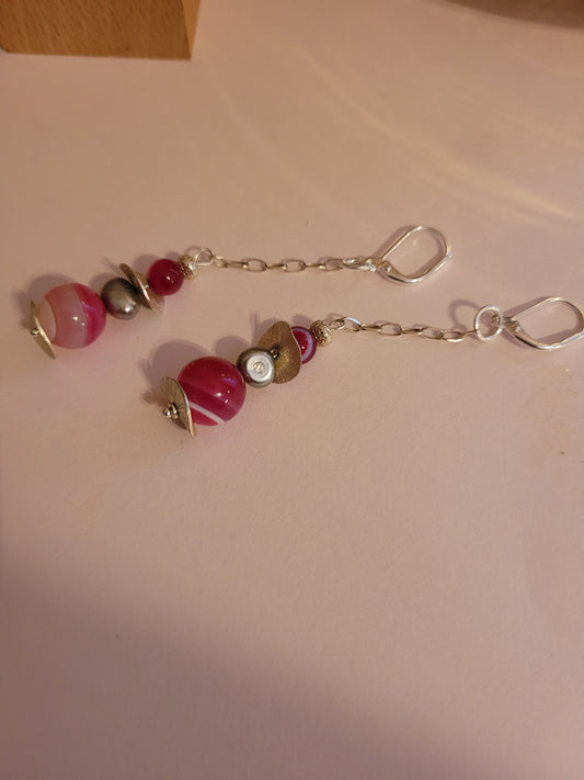 Striped Agate and Pearl Earrings