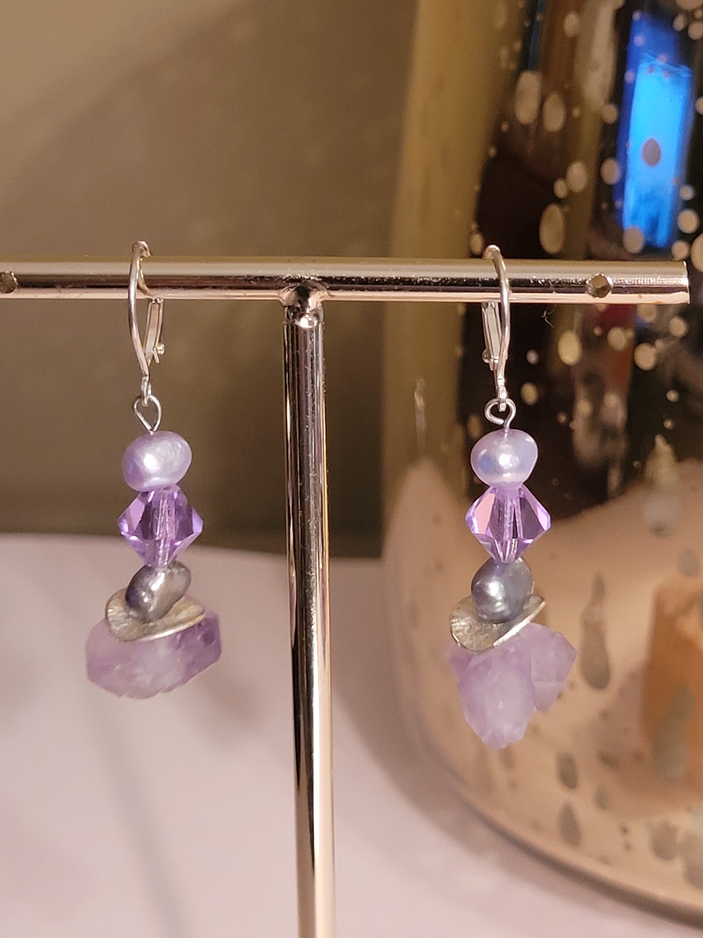 Amethyst with Lilac Crystals and Pearl Earrings