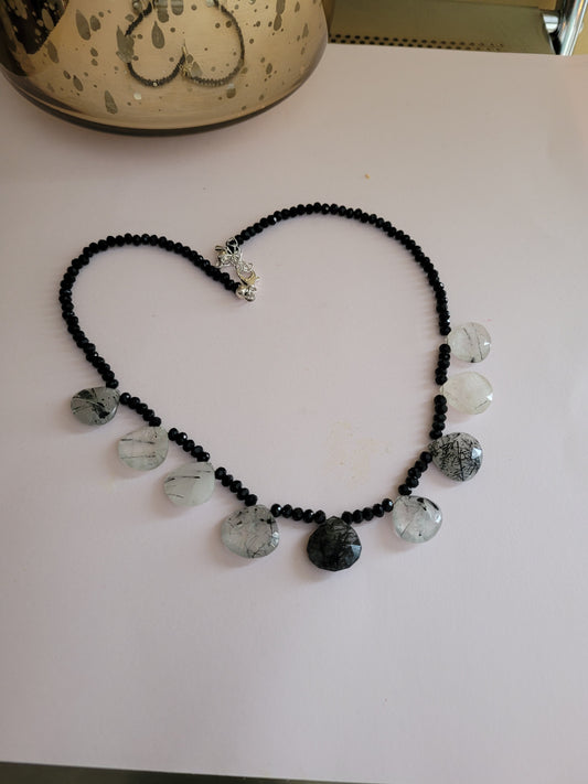 Tourmalinated Quartz and Black Crystal necklace